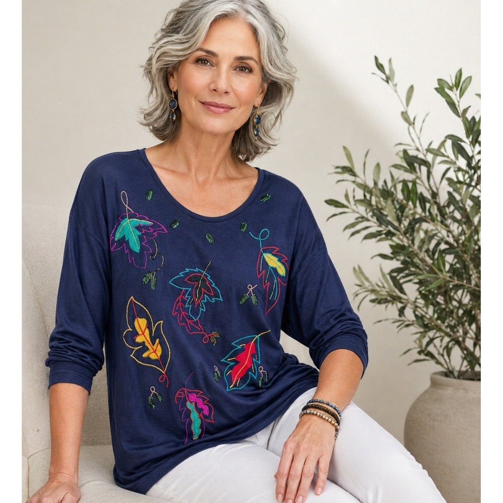 Capistrano Womens Cottagecore Embroidered Leaf Beaded Top Navy Blue Size 14/16